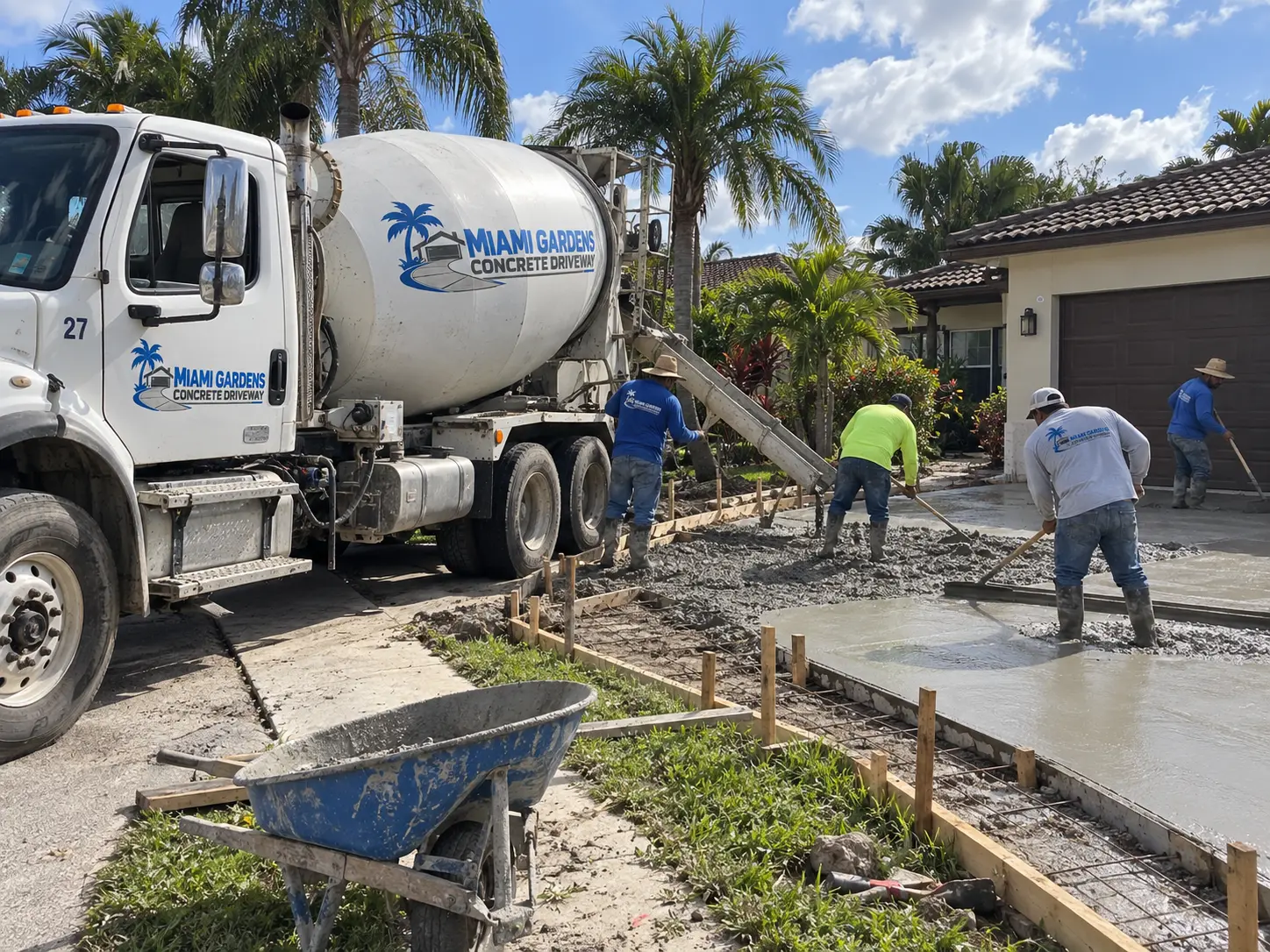 Concrete being placed from a mixer chute into formed residential driveway sections