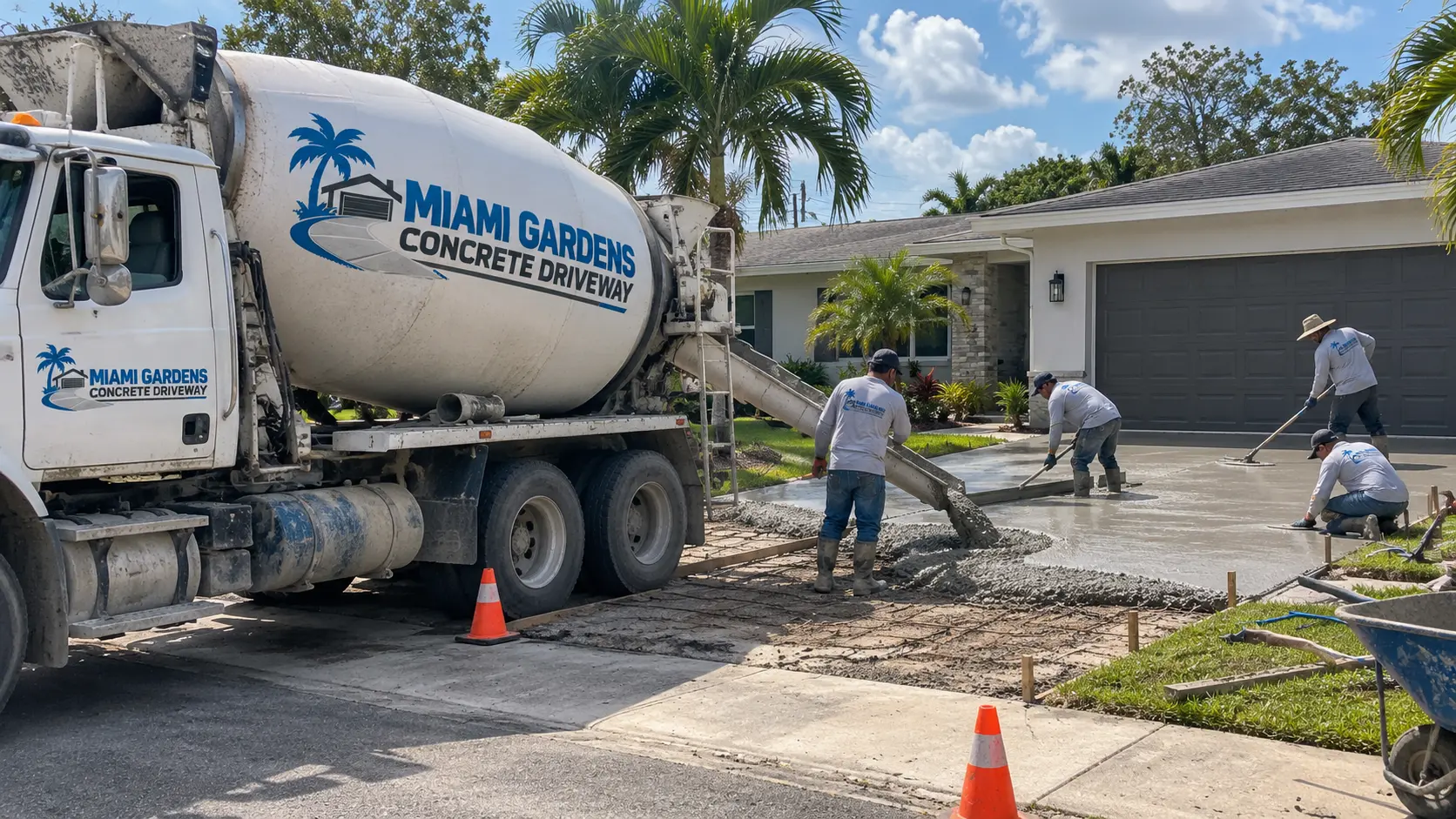 Miami Gardens Concrete Driveway mixer truck and crew placing concrete on a residential driveway